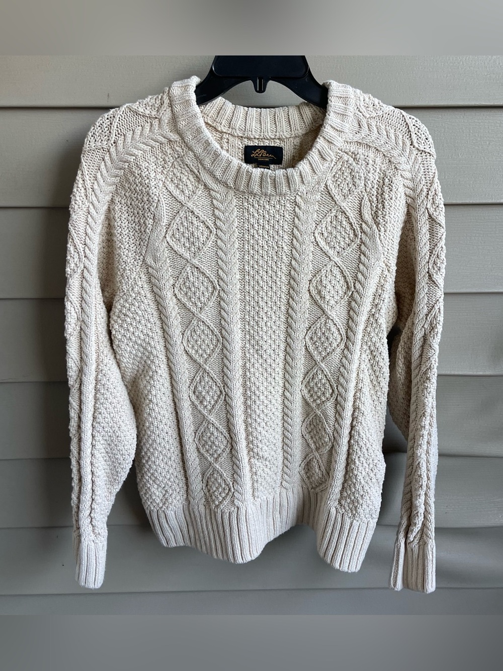 LL Bean Fisherman Sweater Ivory Cable-Knit Cotton Crewneck Womens Sz L Heritage